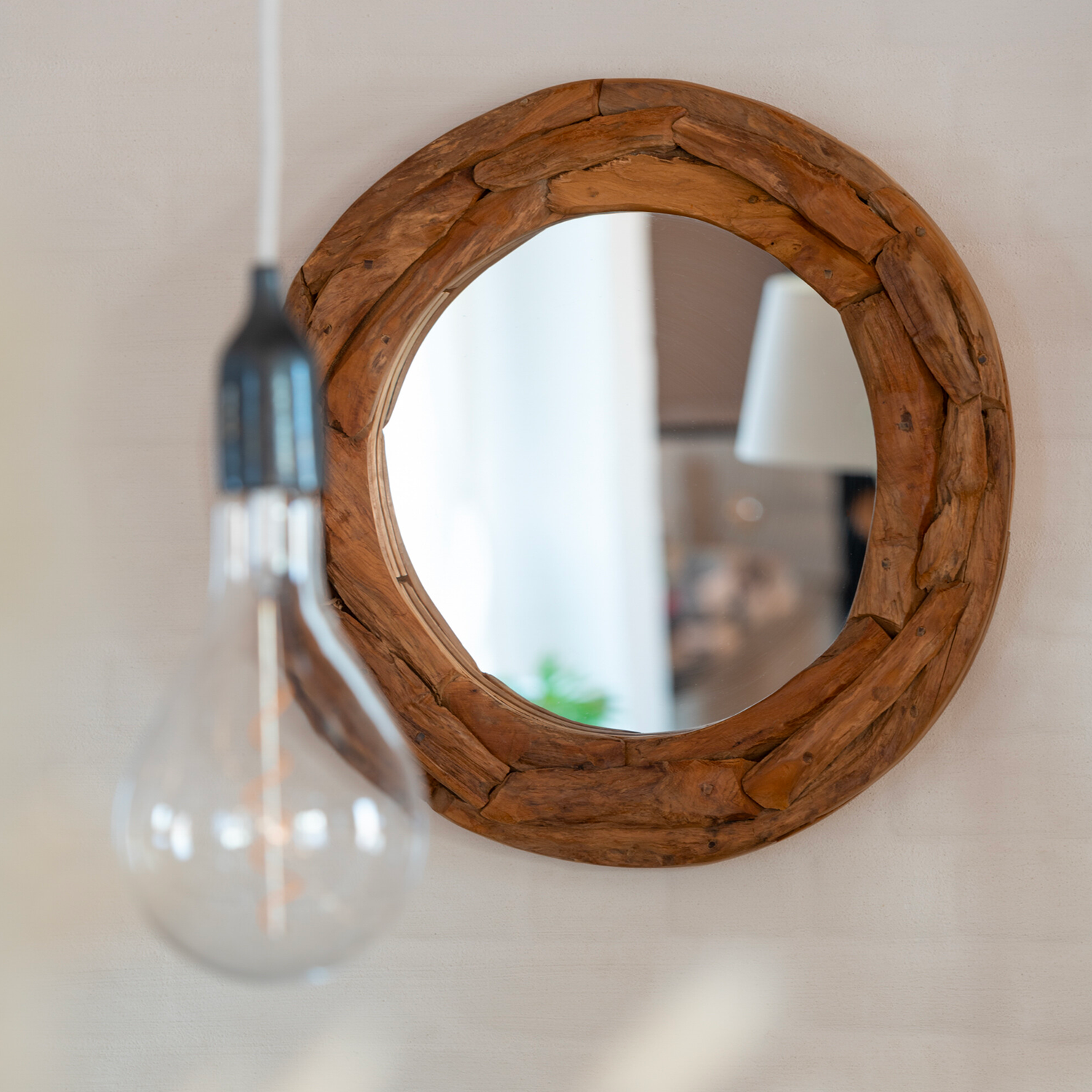 Miroir Rond en Petits Morceaux de Bois de Teck Naturel