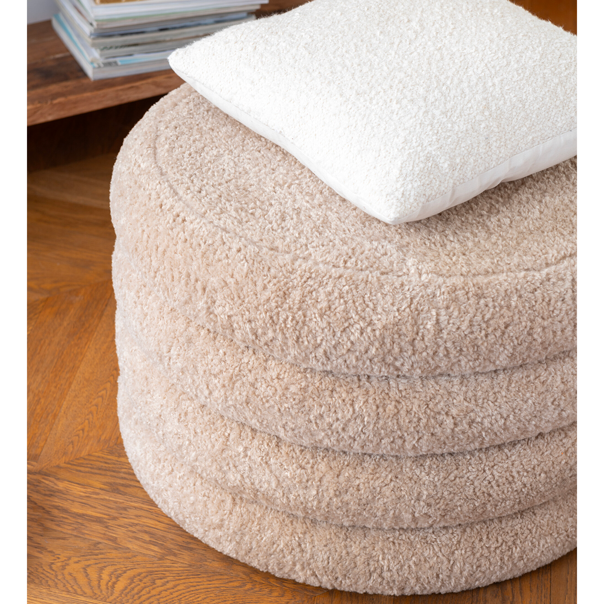 Pouf TEDDY rond tissu bouclette beige