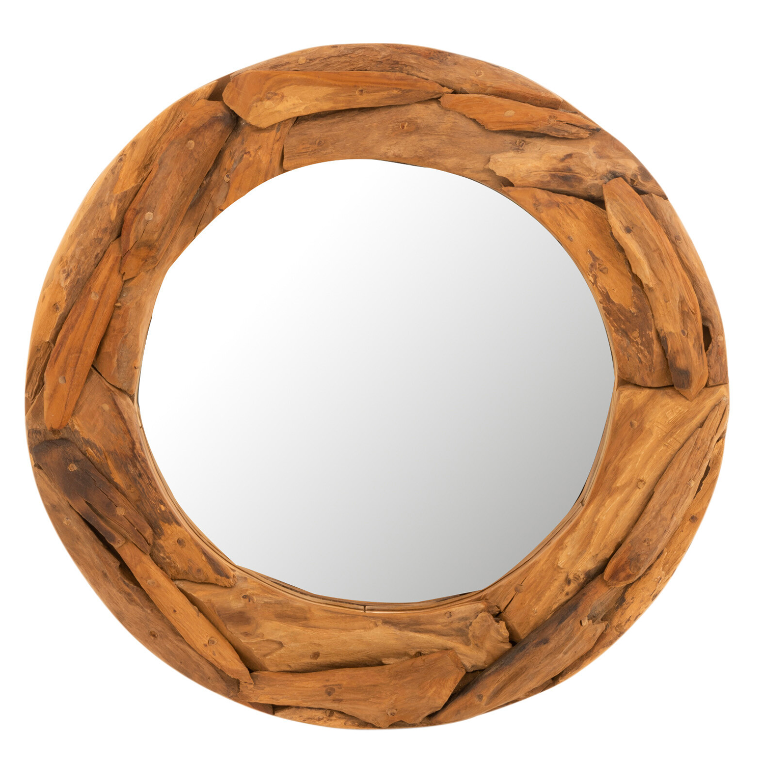 Miroir Rond en Petits Morceaux de Bois de Teck Naturel