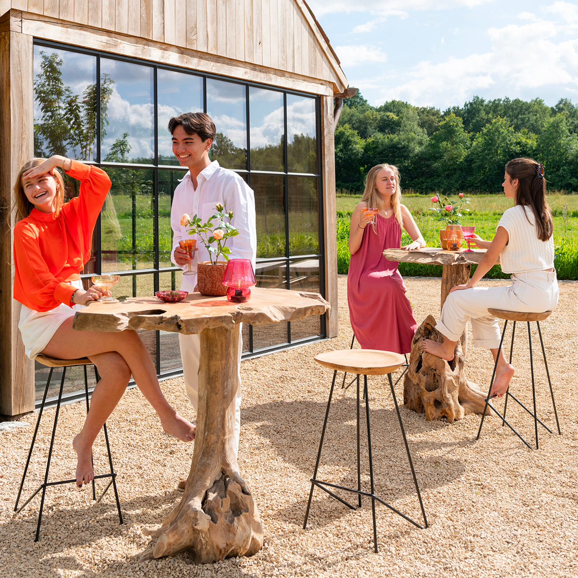 Tabouret de bar en bois de teck/fer naturel