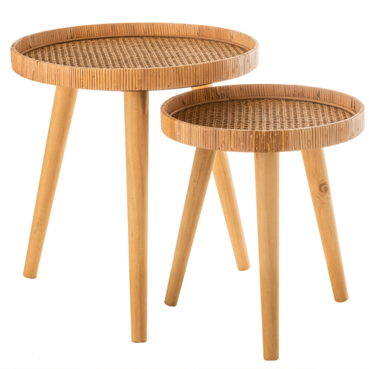 Lot de 2 tables d'appoint rondes tripodes en rotin naturel JLINE