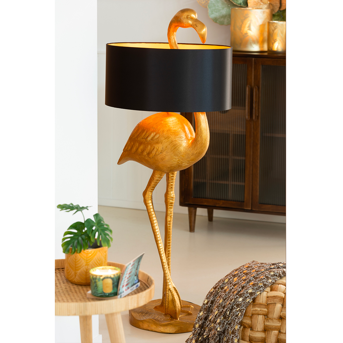 Lampe Flamant Rose Resine Or/Noir